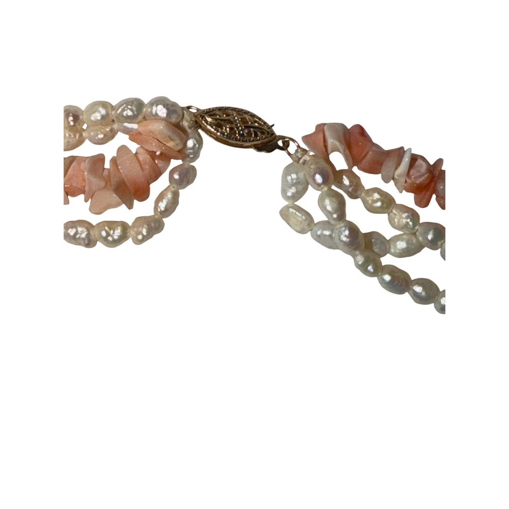 Vtg Pink Coral Freshwater Keshi Pearls Necklace 14K Gold Clasp Multi Strand Lux - Picture 8 of 8